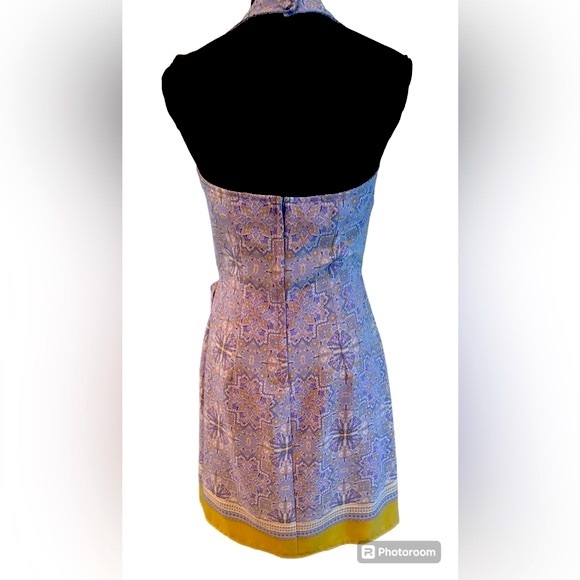 La Belle, Blue Cream and Green, Knee Length Halter Faux Wrap Dress Size 9 - Picture 2 of 7
